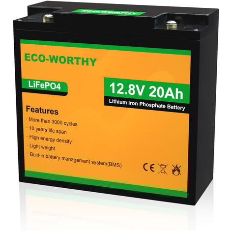 ECO-WORTHY Batteria al litio LiFePO4 ricaricabile 12V 20Ah con ciclo profondo 3000 volte e protezione BMS per kit pannello solare, per scooter, camper, marina, casa, trolling motor e golf cart