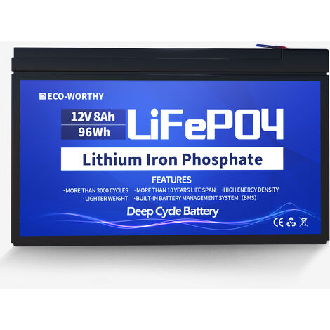 ECO-WORTHY Batterie au lithium 12V 8Ah LiFePO4 rechargeable avec cycle profond de plus de 3000 fois et protection BMS pour systeme solaire, detecteur de poisson, poussette, bateau, kit de panneau sola