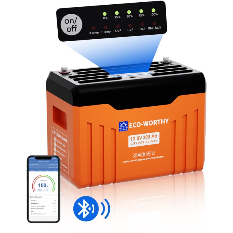 Batterie Lithium 12V 300Ah LiFePO4 Bluetooth avec écran, batterie lifepo4 avec 200A bms protection basse température et max. 15000 cycles,3840Wh 12V