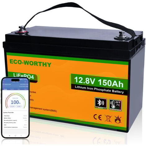 ECO-WORTHY Batterie Lithium 12V 150AH avec Protection de BMS LiFePO4 Batterie, 3000+ Cycles, Remplace La Batterie Lithium 100Ah pour Camping Car