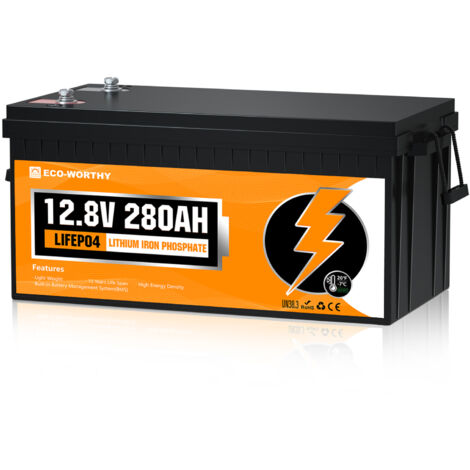 ECO-WORTHY Batterie lithium 12V 280Ah Lifepo4 Akku Rechargeable Batterie avec cycle profond 6000+ fois et protection BMS pour systeme solaire, bateau, kit de panneau solaire, camping-car 1 batterie