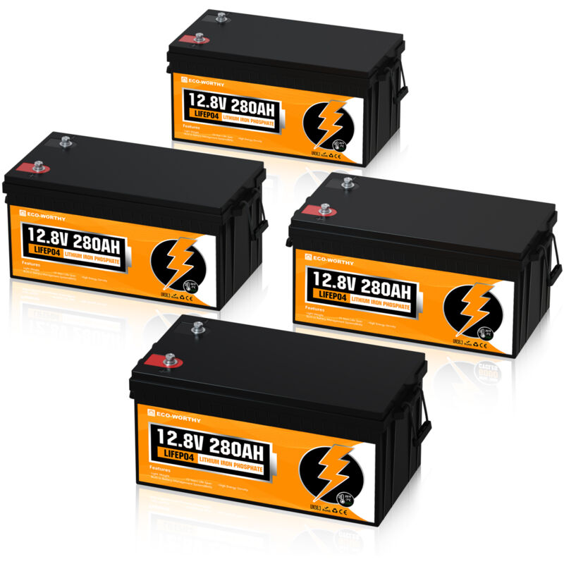 Batterie lithium 12V 280Ah Lifepo4 Akku Rechargeable Batterie avec cycle profond 6000+ fois et protection bms pour systeme solaire, bateau, kit de