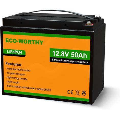 Eco-Worthy – Batterie lithium 12V 50Ah LiFePO4 rechargeable – Cycle 3000+ – Protection BMS – Pour système solaire, bateau, camping-car