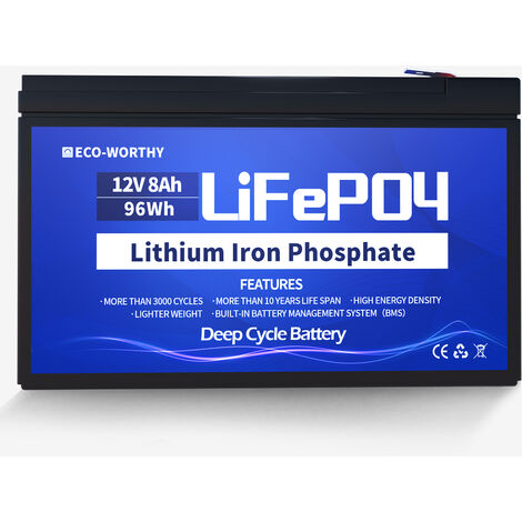 Eco-Worthy – Batterie lithium 12V 8Ah LiFePO4 rechargeable – Cycle profond 3000+ – Protection BMS – Système solaire, bateau, kit panneau solaire, caravane