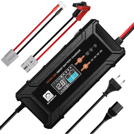 Eco-Worthy – Chargeur de batterie lithium 12V/24V 20A – Charge rapide 100Ah en 2,5h – Protection surtension et court-circuit – Automatique avec ventilateur - LiFePo4