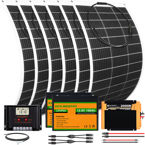 ECO-WORTHY Kit complet de panneau flexible solaire 780W avec batterie lithium LiFePO4 50Ah 12V pour bateau, maison, caravane, marine
