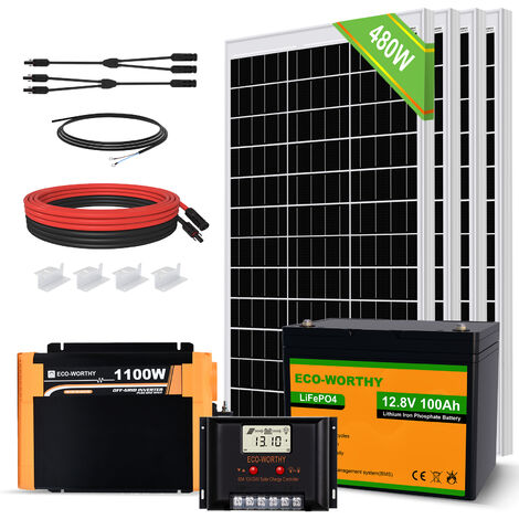 ECO-WORTHY Kit complet de panneau solaire 480W 12V avec batterie lithium LiFePO4 100Ah 12V, onduleur de Charge solaire pure 1100W 12V et contrôleur de charge 60A pour bateau, maison, caravane,cabine