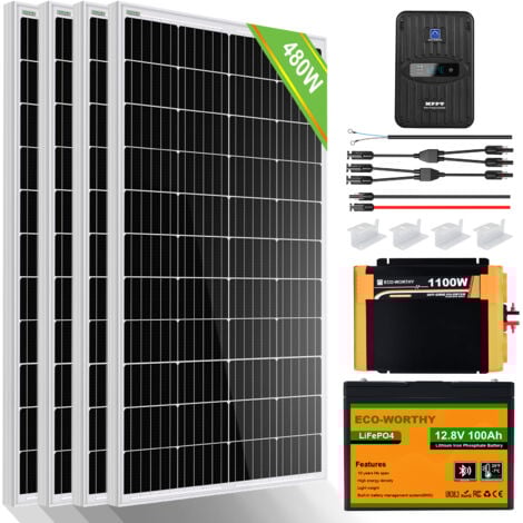 ECO-WORTHY Kit complet de panneau solaire 480W 12V avec batterie lithium LiFePO4 100Ah 12V,onduleur de Charge pure 1100W 12V et contrôleur de charge 60A pour bateau, maison, caravane,cabine pour frigo