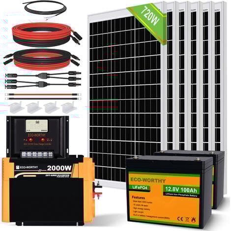 ECO-WORTHY Kit completo di pannelli solari 720W 12V con batteria al litio LiFePO4 da 100Ah 12V, inverter di carica solare a onda sinusoidale pura da 2000W 12V e regolatore di carica da 60A per barca, 