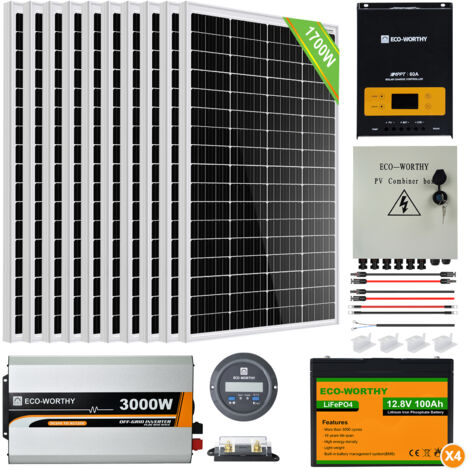 ECO-WORTHY Kit de panel solar ECO-WORTHY de 1700W con inversor solar de onda sinusoidal pura de 3000W 24V y batería recargable de litio de 100Ah 12V para cobertizo, cabaña, hogar, jardín, cabaña, cara