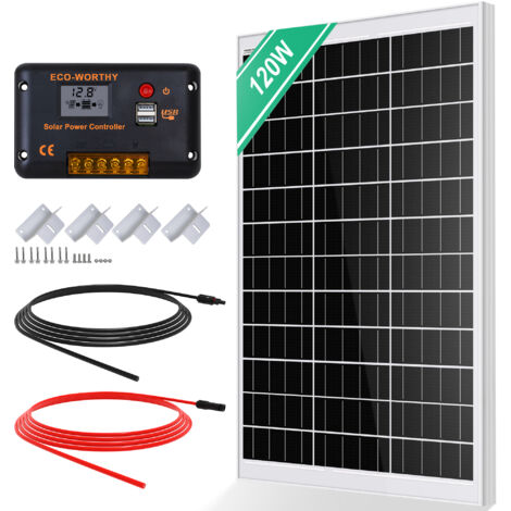 Panneau solaire de 120W et contrôleur de chargeur solaire 20A CMG et câbles solaires et supports de coin de 5 m pour matériau en plastique ABS pour voiture de maison de caravane ECO-WORTHY Kit de panneaux solaires 12V 120W 