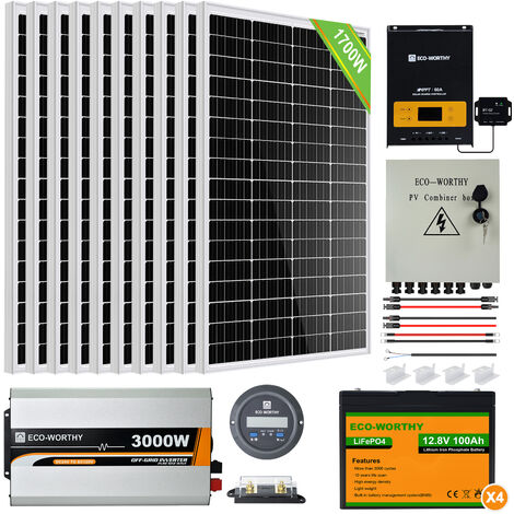 ECO-WORTHY Kit de panneau solaire 1700W avec onduleur solaire a onde sinusoïdale pure 3000W 24V et batterie rechargeable au lithium 100Ah 12V pour cabanon cabine maison cabane du jardin camping-car RV