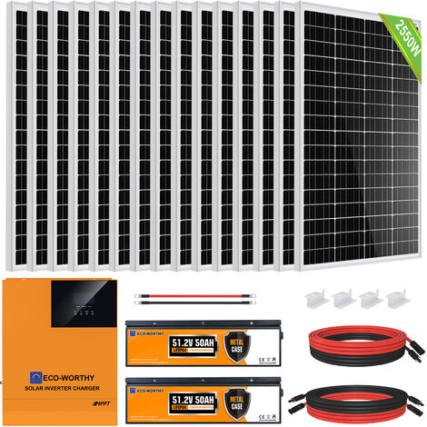 Eco-Worthy – Kit de panneau solaire 2500W – Monocristallin 48V – Dimensions 1650 x 992 x 40 mm – Poids 20 kg – Pour systèmes 12V/24V