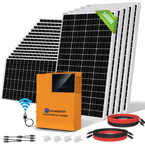 ECO-WORTHY Kit de panneau solaire 3400W avec onduleur-contrôleur tout-en-un solaire a onde sinusoïdale pure 5000W 48V et boîtier de combinaison PV a 4 chaînes pour cabanon cabine maison cabane du jard