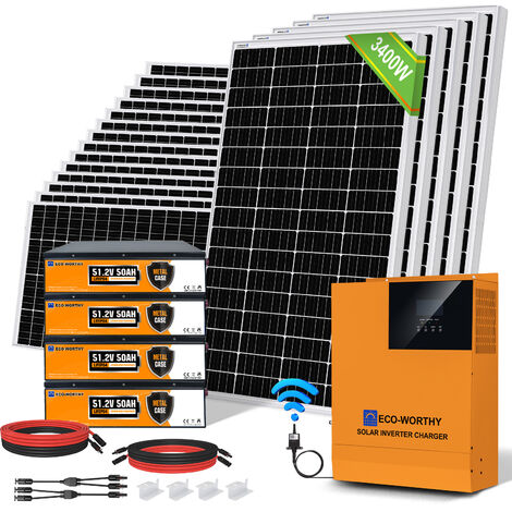 ECO-WORTHY Kit de panneau solaire 3400W avec onduleur-contrôleur tout-en-un solaire a onde sinusoïdale pure 5000W 48V,batterie au lithium 100Ah 12V et boîtier de combinaison PV a 4 chaînes pour cabano
