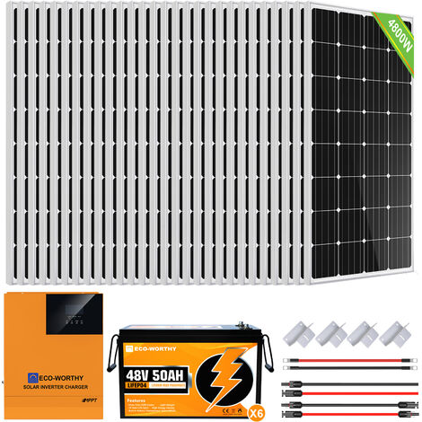 ECO-WORTHY Kit de panneau solaire 4250W avec onduleur-contrôleur tout-en-un solaire a onde sinusoïdale pure 5000W 48V,batterie au lithium 100Ah 12V et boîtier de combinaison PV a 6 chaînes pour cabano