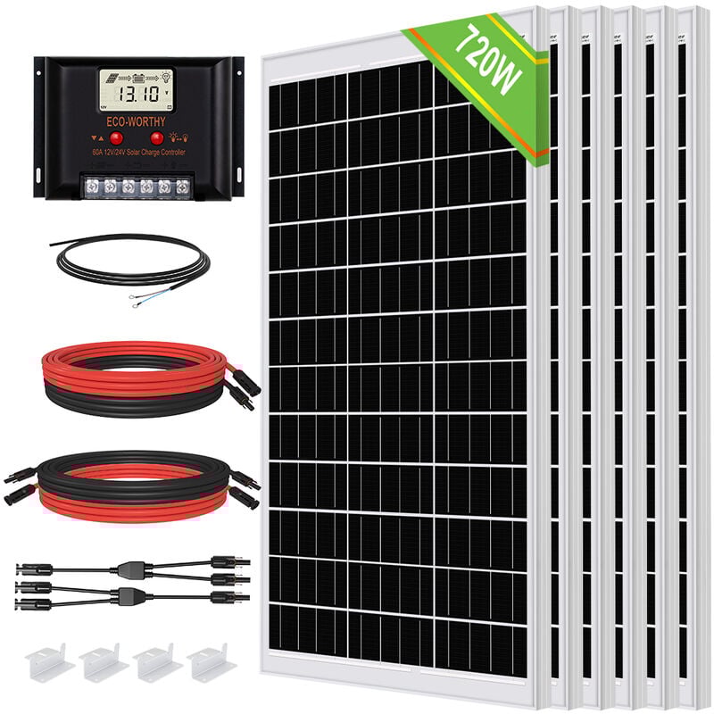 Eco-worthy - Kit de panneau solaire complet 720W 12V avec panneau solaire 120W 18V, contrôleur de charge solaire 60A pour maison marine cabine rv