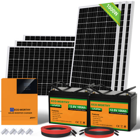 ECO-WORTHY Kit de panneaux solaires 1000 W avec onduleur solaire hybride 3000 W 24 V et batterie rechargeable au lithium 100 Ah 12 V pour abri de jardin, maison, camping, camping-car, bateau marin