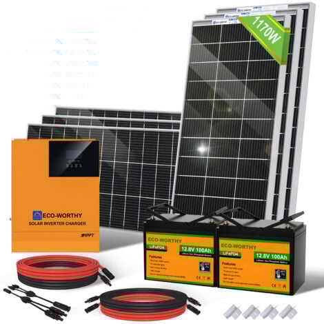 ECO-WORTHY Kit de panneaux solaires 1170W 24V avec onduleur solaire hybride 3000W 24V et batterie lithium 100 Ah 12 V pour abri de jardin, maison, camping, camping-car, bateau marin
