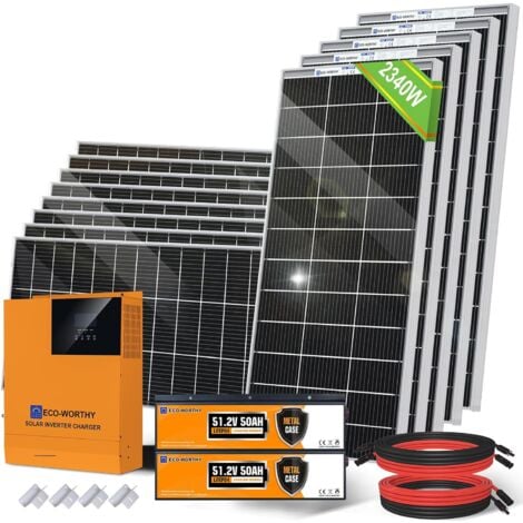 ECO-WORTHY Kit pannello solare da 2500 W con inverter-controller all-in-one solare a onda sinusoidale pura da 5000 W 48 V, batteria al litio da 100 Ah 12 V e scatola combinata fotovoltaica a 4 stringh