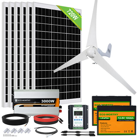 Eco-Worthy – Kit solaire hybride 1120W 24V – 400W éolienne + 6 panneaux solaires 120W monocristallins – Onduleur 3000W + 2 batteries 100Ah Lifepo4