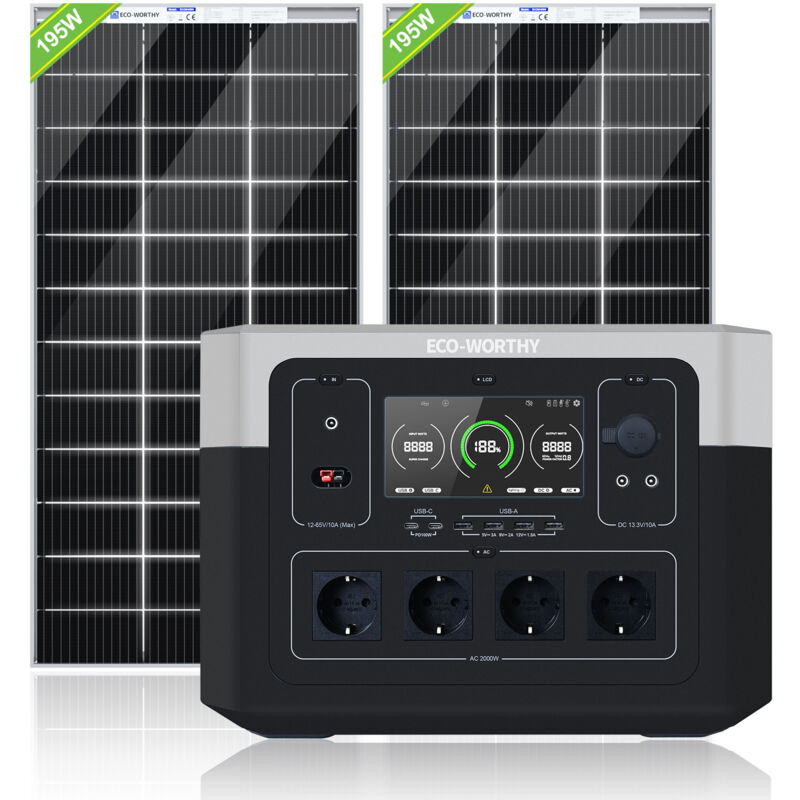 Generateur Electrique Portable 2000 1920wh Power Station avec panneau solaire 340W (2pcs 195W) kit panneau solaire pour camping car - Eco-worthy