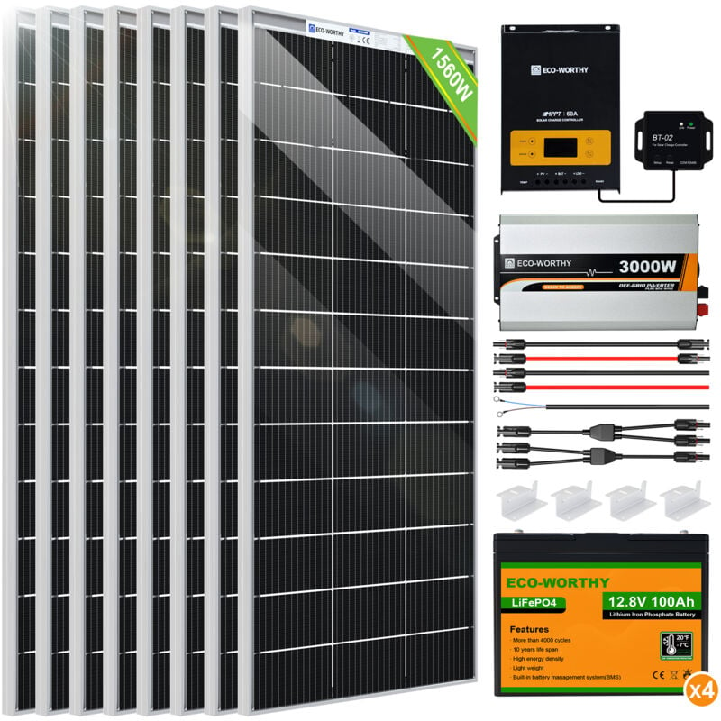 Eco-worthy - Système Solaire 6.8 kWh/JOUR 1700W 24V avec Onduleur et Batterie Système:10 pièces 170W Panneaux Solaire + 60A Régulateur mppt + 4 x