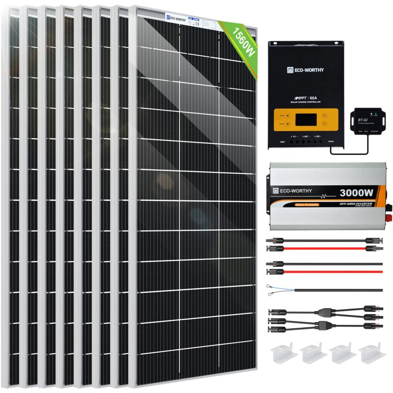 ECO-WORTHY Système Solaire 6 kWh/JOUR 1560W 24V avec Onduleur Système Hors Réseau pour Camping-car:8 Panneaux Solaire 195W+Régulateur MPPT