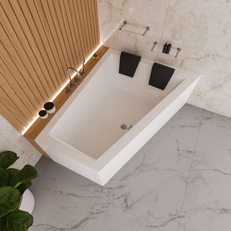 ECOLAM Badewanne Eckbadewanne Sfera Maxi 180x130 cm RECHTS + Schürze 2x schwarze Kissen Duowanne große Wanne für zwei Personen Acrylwanne Komplettset Ablaufgarnitur Füße Silikon