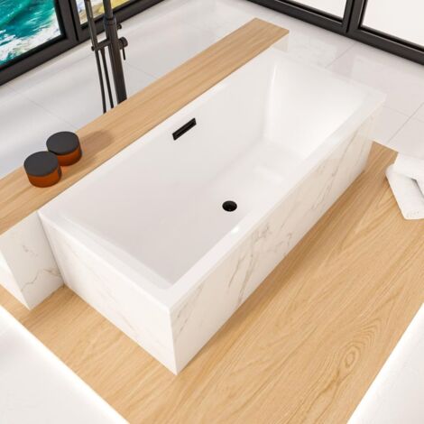 ECOLAM Badewanne Heaven Slim 160x75 cm  niedriger Rand moderne Wanne Rechteck Top QUALITÄT Acrylwanne I Ablauf Click Clack schwarz Füße Silikon Design