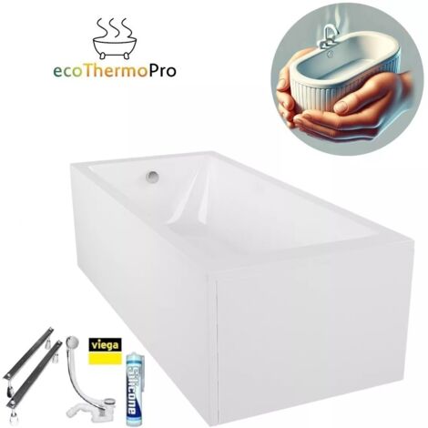 ECOLAM Badewanne Thermobadewanne TAMI 180x80 cm Komplettset Schürze Wanne mit Isolierung ecoThermoPro Wärmeschutz Acryl Rechteck Ablaufgarnitur Füße Silikon weiß