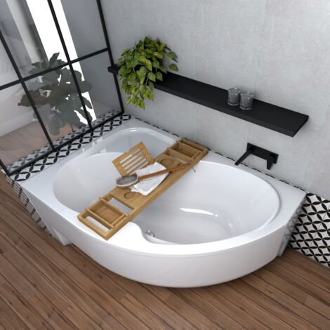 ECOLAM Badewanne WELA 150x100 cm links mit Antirusch + Acrylschürze + Bambus Ablage Eckbadewanne Acrylwanne weiß glänzend