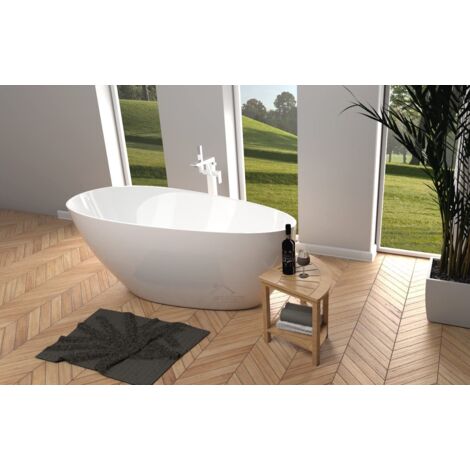 ECOLAM Baignoire autoportante Goya 160x70 cm table d'angle en Bambou Costa Vidage Click Clack Design en fonte minérale 160x70 cm Baignoire îlot glamour blanc