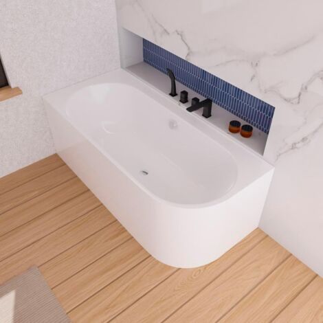 ECOLAM Baignoire autoportante Vigoo version gauche ou droite  montage mural  siphon click-clack  set complet (Siphon chromée, 165x75 cm Gauche)