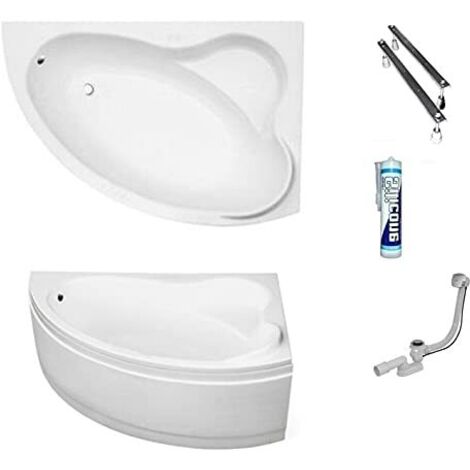 ECOLAM Baignoire d'angle acrylique Ada 140x90cm droite, habillage en acrylique blanc, siphon, silicone. Belle forme Aspect moderne original produit