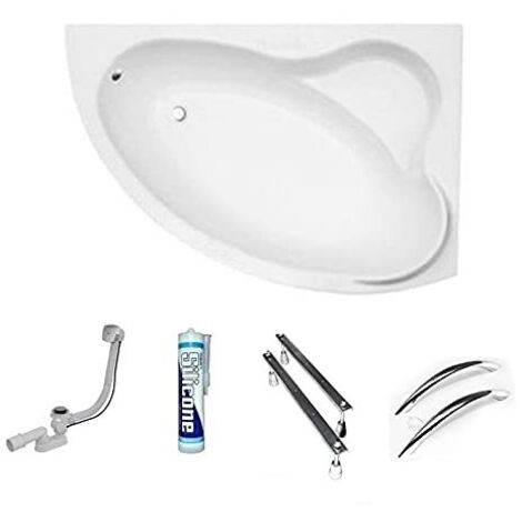 ECOLAM Baignoire d'angle acrylique blanc Ada 140x90 cm droite, poignées, pieds, siphon + silicone. Baignoire acrylique blanc
