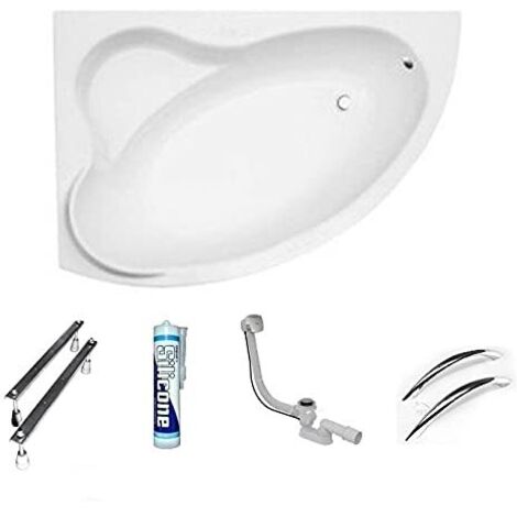 ECOLAM Baignoire d'angle acrylique blanc Ada 140x90 cm gauche, poignées, pieds, siphon + silicone. Baignoire acrylique blanc