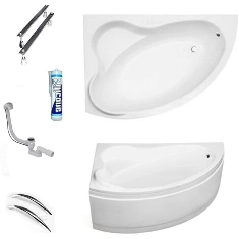 ECOLAM Baignoire d'angle acrylique blanc Ada 140x90 cm gauche, tablier en acrylique, poignées, pieds, siphon + silicone. Baignoire acrylique blanc
