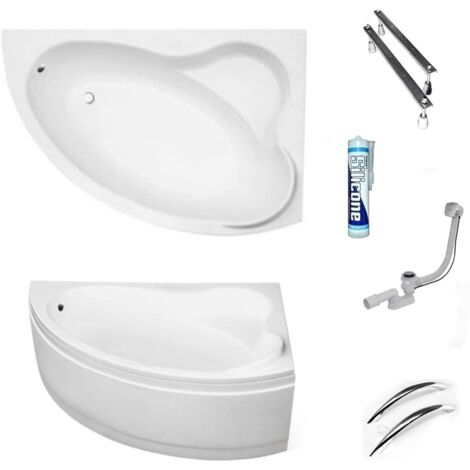 ECOLAM Baignoire d'angle acrylique blanc Ada 160x100 cm droite, tablier en acrylique, poignées, pieds, siphon + silicone. Baignoire acrylique blanc