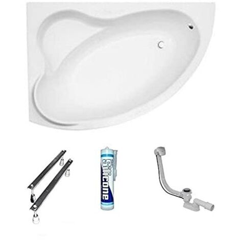 ECOLAM Baignoire d'angle acrylique blanc Ada 160x100 cm gauche, pieds, siphon + silicone. Baignoire acrylique