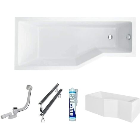 ECOLAM Baignoire d'angle acrylique blanc Integra 150x75 cm, gauche, tablier acrylique, pieds, siphon, silicone, Raccord de drainage automatique Alcaplast, Baignoire rectangle en acrylique