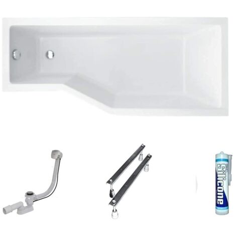 ECOLAM Baignoire d'angle acrylique blanc Integra 170x75 cm, droite, pieds, siphon, silicone, Raccord de drainage automatique Alcaplast, Baignoire rectangle en acrylique