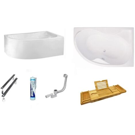 ECOLAM Baignoire d'angle acrylique Dora Polimat 170x100 cm droite, tablier + Etagère Bambou, silicone, pieds, ensemble complet.