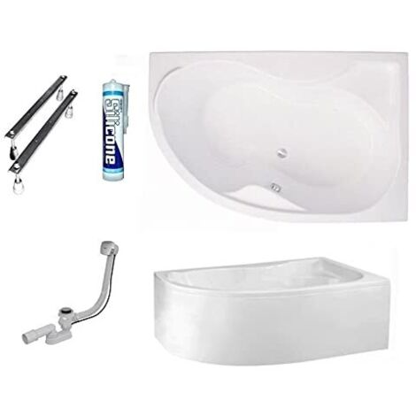 ECOLAM Baignoire d'angle acrylique Dora Polimat 170x110 cm droite, tablier en acrylique, pieds, siphon, silicone. Belle forme Aspect moderne. Baignoire acrylique blanc