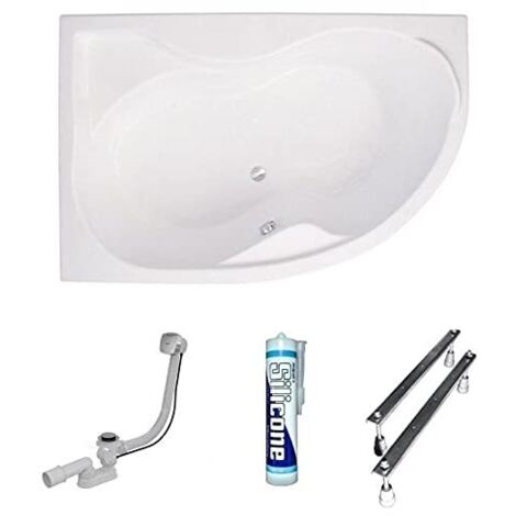 ECOLAM Baignoire d'angle acrylique Dora Polimat 170x110 cm gauche, pieds, siphon, silicone.Belle forme Aspect moderne. Baignoire acrylique blanc