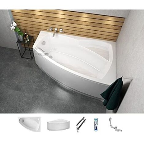 ECOLAM Baignoire d'angle acrylique Frida Polimat 140x80 cm droite, tablier en acrylique, pieds, siphon, silicone. Baignoire acrylique blanc