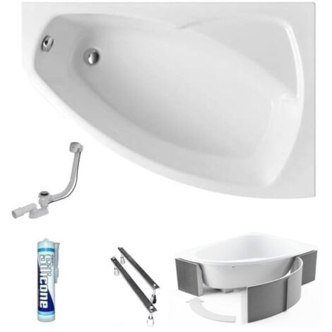 ECOLAM Baignoire d'angle acrylique Frida Polimat 140x90 cm  droite  support universel en polystyrène  pieds siphon + silicone