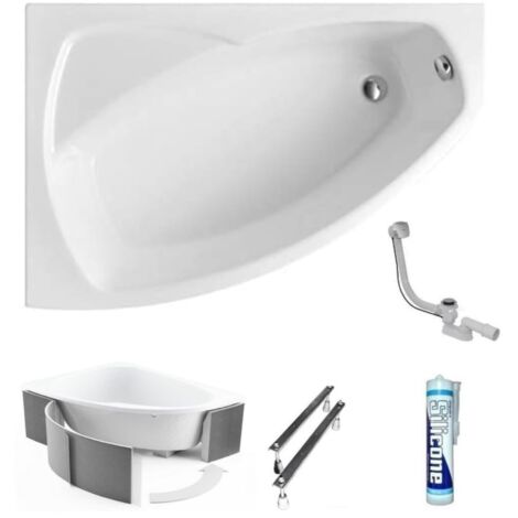 ECOLAM Baignoire d'angle acrylique Frida Polimat 140x90 cm  version gauche  support universel en polystyrène  pieds siphon + silicone  Baignoire acrylique blanc