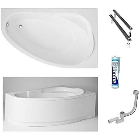 ECOLAM Baignoire d'angle acrylique Marea Polimat 150x100 cm droit, pieds, siphon, silicone, tablier en acrylique. Belle forme Aspect moderne. Baignoire acrylique blanc