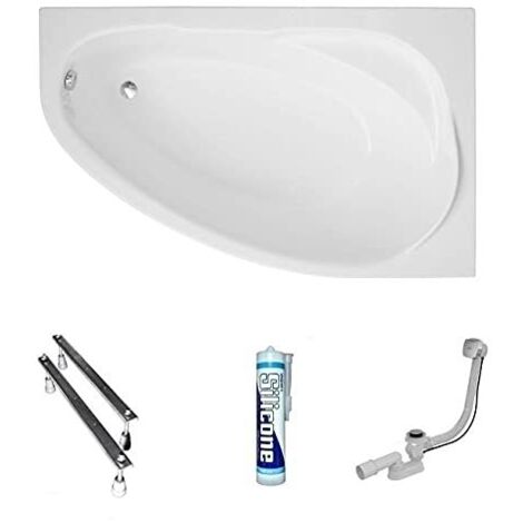 ECOLAM Baignoire d'angle acrylique Marea Polimat 160x100 cm droit, pieds, siphon, silicone.Belle forme Aspect moderne. Baignoire acrylique blanc